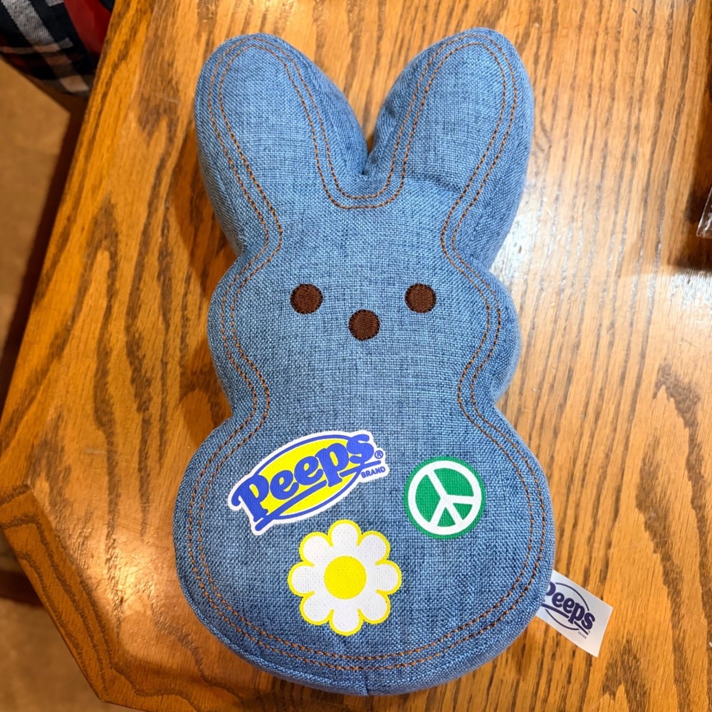 Peeps Blue Denim Bunny Plush Peace Sign‎ Daisy Flower Easter Toy 10"